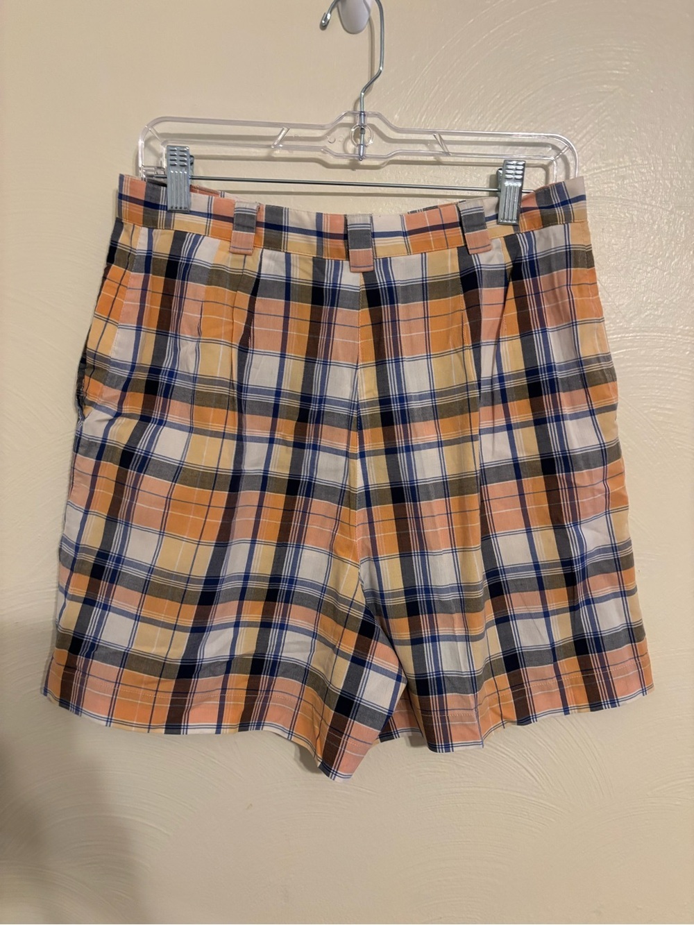 Liz Claiborne Liz Sport Petite 12 Plaid Cotton Shorts Orange Blue Pleated Casual - Picture 9 of 9